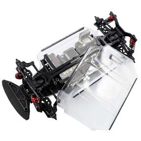Xpress Arrow AT1SR 1/10 scale 4WD shaft drive sport rally car on track, showcasing detailed chassis and off-road tires.
