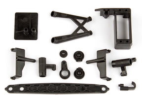 Team Associated Reflex 14 RC car steering, battery, and ESC parts set with various components on a white background.
