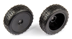 Team Associated Reflex 14 RC car rear wide mini pin tires in black, showing textured rubber treads for improved traction.