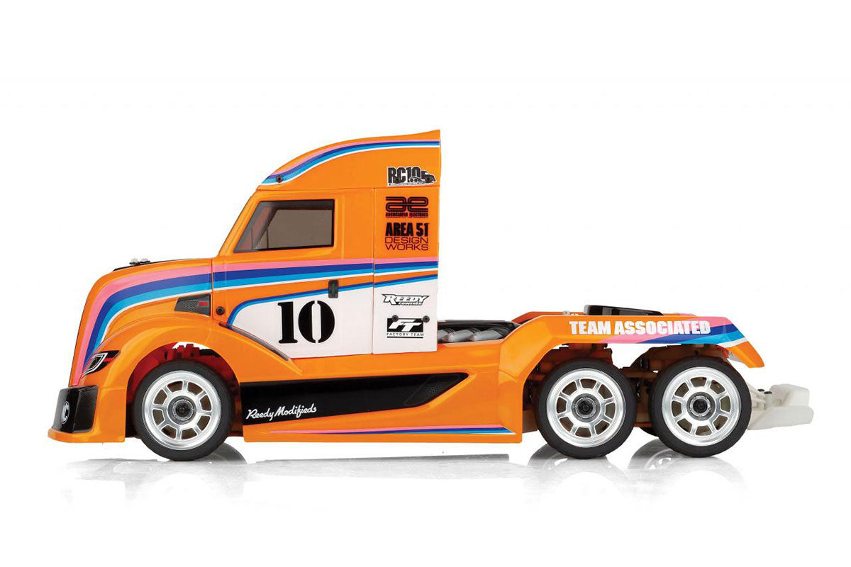 Team Associated RC10 6X6 American Custom Semitruck model with detailed paint job and realistic truck features.