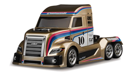 RC10 6x6 American Custom Semitruck metallic kit by Team Associated, showing detailed miniature semi-truck model with metallic finish.