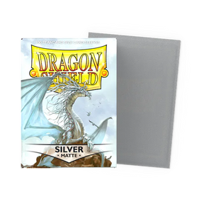 Dragon Shield Matte Silver Standard Sleeves in box, showing flat card sleeves designed for protection and smooth shuffling.