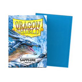 Dragon Shield Matte Sapphire standard card sleeves in a flat box, showcasing smooth, durable card protection for gaming and trading cards.