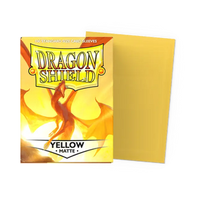 Dragon Shield Matte Yellow Standard Sleeves box showing a flat, unopened set of protective card sleeves for trading cards.