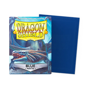 Dragon Shield matte blue standard card sleeves in a flat box, designed for protecting and organizing trading cards.