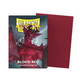 Dragon Shield matte blood red standard sleeves for trading cards, shown in a flat box with a smooth finish.