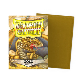 Dragon Shield Matte Gold Standard card sleeves in a flat box, designed for collectible card game protection and shuffling ease.