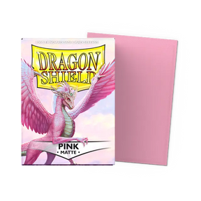 Dragon Shield matte pink standard card sleeves in a box, designed for protecting and shuffling trading cards.