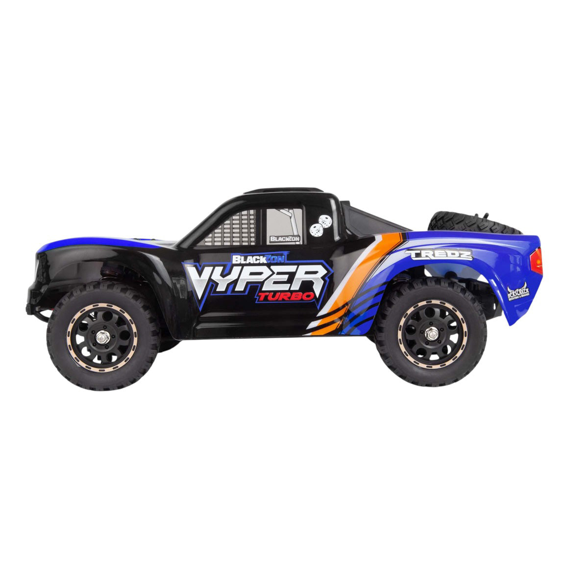 HPI Racing Blackzon Vyper SC Turbo 1/16 scale 4WD electric brushless RC truck on a track with detailed black and red body.