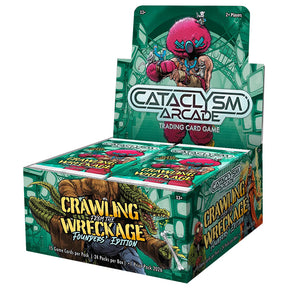 Cataclysm Arcade TCG Crawling from the Wreckage Booster Box by Mothership Games, featuring colorful card artwork and packaging.