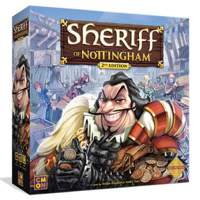 3D image of the Sheriff of Nottingham 2nd Edition board game box by CMON, showing colorful artwork and game title on the front.