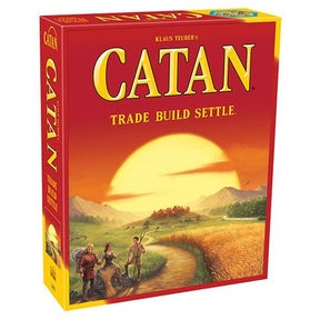 3D image of the Catan board game box by Catan Studio showing colorful Catan game components and artwork.
