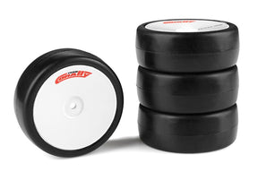 Team Corally 1/10 EP Touring Attack RXC V2 rubber tires with 28 Shore for RC car racing, shown with detailed tread pattern.