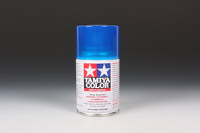 Tamiya TS-72 Clear Blue spray paint can, 100ml, featuring blue-colored aerosol paint with spray nozzle for model or craft projects.