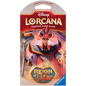 Lorcana TCG Reign of Jafar Sleeved Booster pack with colorful card artwork and booster packaging on a white background.