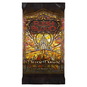 Flesh and Blood Dusk till Dawn booster pack of collectible trading cards from Legends Story Studios, featuring vibrant card artwork.