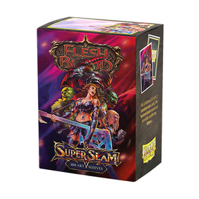 Dragon Shield Matte Flesh & Blood Super Slam Art standard card sleeves, featuring vibrant artwork and durable protective material.