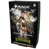 MTG Secrets of Strixhaven Commander Deck from Wizards of the Coast featuring colorful fantasy artwork and game cards.