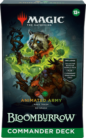 MTG Bloomburrow Commander Decks by Wizards of the Coast featuring colorful fantasy card designs and deck packaging.
