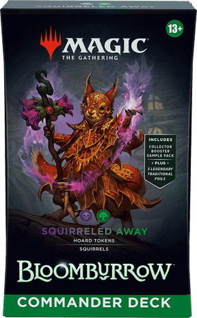 MTG Bloomburrow Commander Decks by Wizards of the Coast featuring colorful fantasy-themed cards and deck packaging.