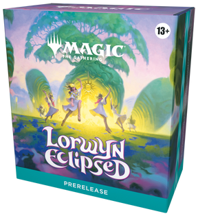 MTG Lorwyn Eclipsed Prerelease Pack box featuring colorful card artwork and Wizards of the Coast branding for the collectible card game.