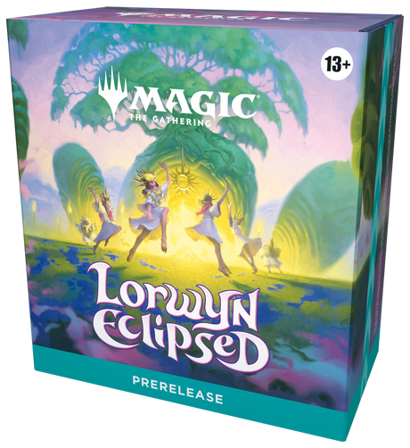 MTG Lorwyn Eclipsed Prerelease Pack box featuring colorful card artwork and Wizards of the Coast branding for the collectible card game.