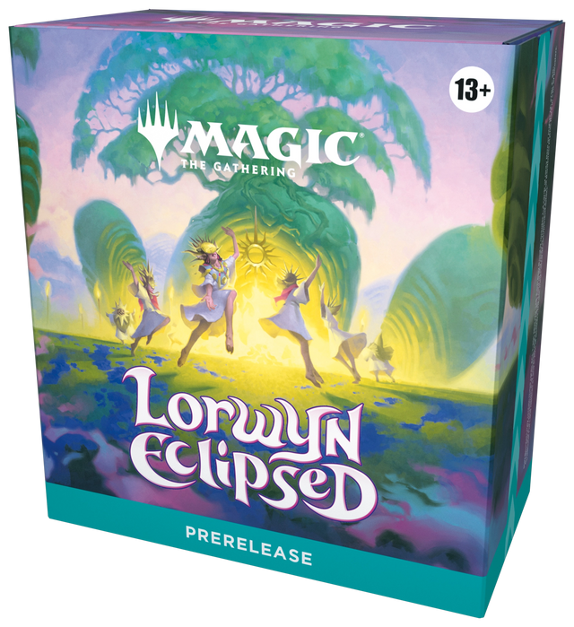 MTG Lorwyn Eclipsed Prerelease Pack box featuring colorful card artwork and Wizards of the Coast branding for the collectible card game.
