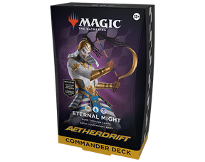 MTG Aetherdrift Commander Deck by Wizards of the Coast, featuring colorful cards and game accessories laid out on a table.