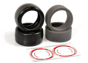 Exotek Racing F1 1/10 front rubber tires V2 38X in red-medium for RC car, showing textured rubber surface and tire profile.