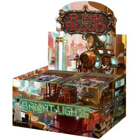 Flesh and Blood Bright Lights Booster Box of collectible trading cards by Legends Story Studios, featuring colorful card artwork.
