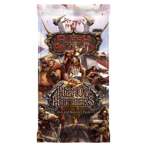 Flesh and Blood Heavy Hitters Booster Pack of collectible trading cards by Legends Story Studios, featuring vibrant card artwork.