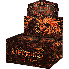 Flesh and Blood Uprising Booster Box of collectible trading cards by Legends Story Studios, featuring colorful card artwork.