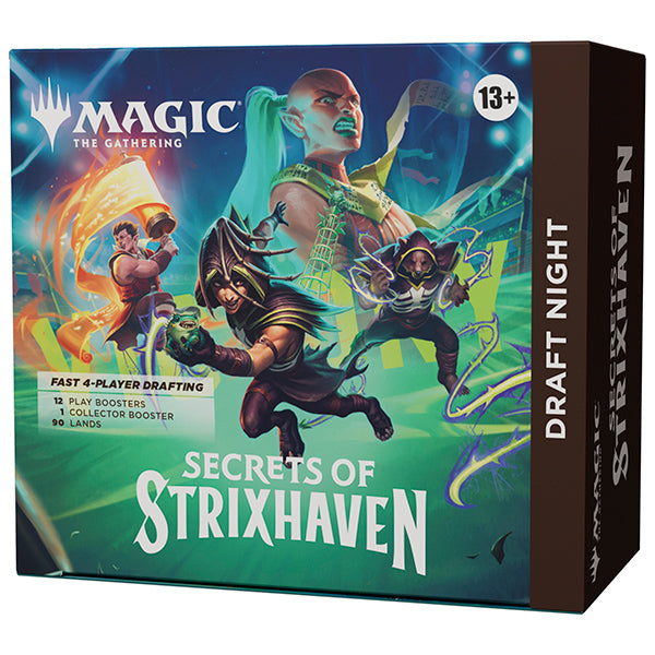 MTG Secrets of Strixhaven Draft Night Box from Wizards of the Coast featuring booster packs and promotional cards.