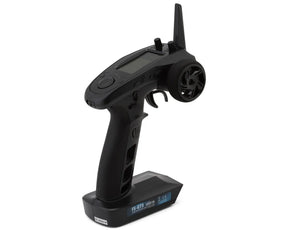 Flysky FS-GT5 6-channel radio transmitter with FS-BS6 receiver, featuring ergonomic design and control buttons for RC car racing.