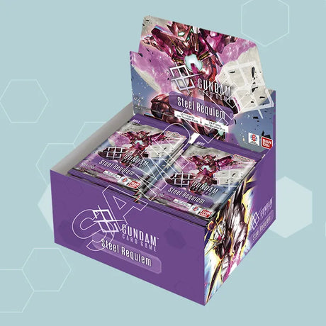 Bandai Gundam Card Game Steel Requiem Booster Box GD03 with colorful booster pack artwork and trading card images