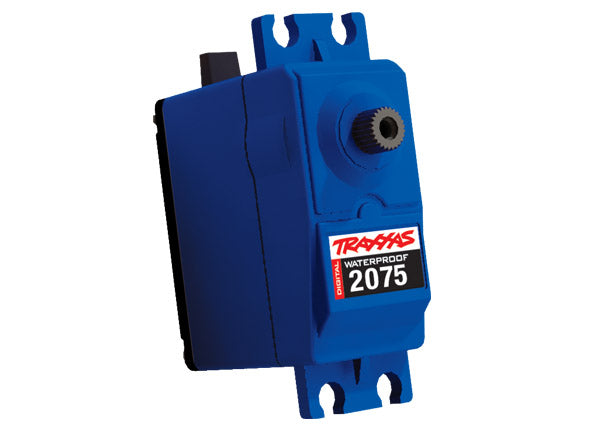 Traxxas digital waterproof RC car servo showing electrical components and waterproof casing for durability.