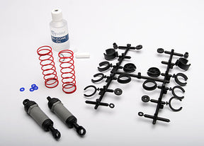 Pair of Traxxas long gray front ultra shocks with springs for RC trucks, shown assembled with metal shocks and coil springs.