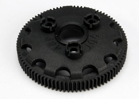 Traxxas 90-Tooth Spur Gear with 48-Pitch for RC cars, showing the metal gear gear teeth and detailed construction.