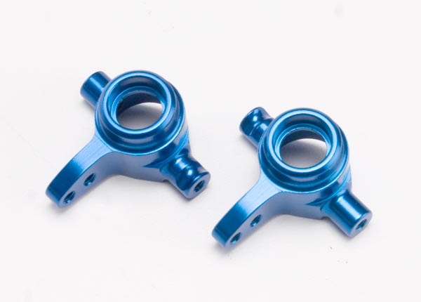 Traxxas blue aluminum left and right steering blocks for RC car, durable and precision-machined.