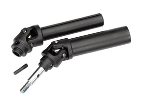 Traxxas front heavy-duty driveshaft assembly for RC vehicles, showcasing durable metal components and precise construction.