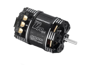 Hobbywing XeRun V10 G3R 25.5T sensored brushless RC car motor with cooling fins and wiring visible in the image.