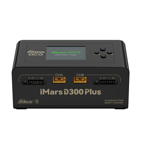 Gens Ace iMars D300 Plus smart charger in black with digital display and multiple charging ports for batteries.