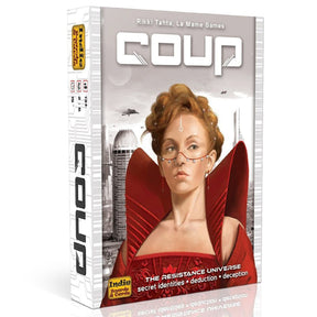 3D image of Indie Boards & Cards Coup card game box with colorful artwork and game title on the front.