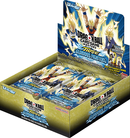 Bandai Dragon Ball Super Masters booster box with artwork of three fighters from the Dragon Ball series.