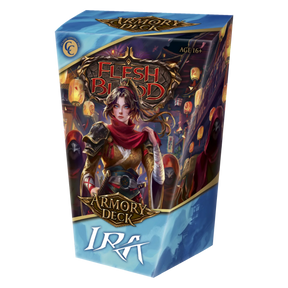 Close-up of Flesh and Blood Ira Armory Deck of collectible trading cards from Legends Story Studios, featuring vibrant card artwork.