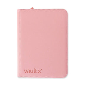 Vault X Exo-Tech 9-Pocket Zip Binder in pink and purple with multiple transparent pockets and zipper closure.