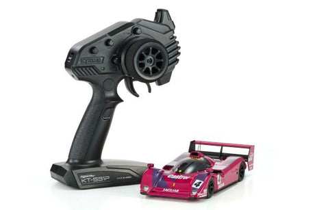 Kyosho Mini-Z RWD MR04 Jaguar XJR-14 remote control car on display, detailed scale model with sleek silver finish.