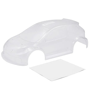 LC Racing L6264 EMB-RA rally polycarbonate clear body mounted on RC car, showcasing lightweight, transparent design for off-road racing.