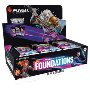 Magic: The Gathering Foundations Play Booster Box by Wizards of the Coast with colorful card artwork and booster packs displayed