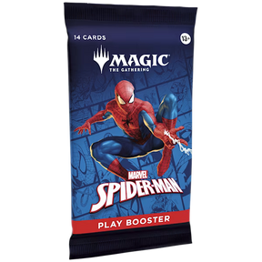 Marvel Spider-Man Play Booster Pack by Wizards of the Coast featuring card artwork and game components for Magic: The Gathering.